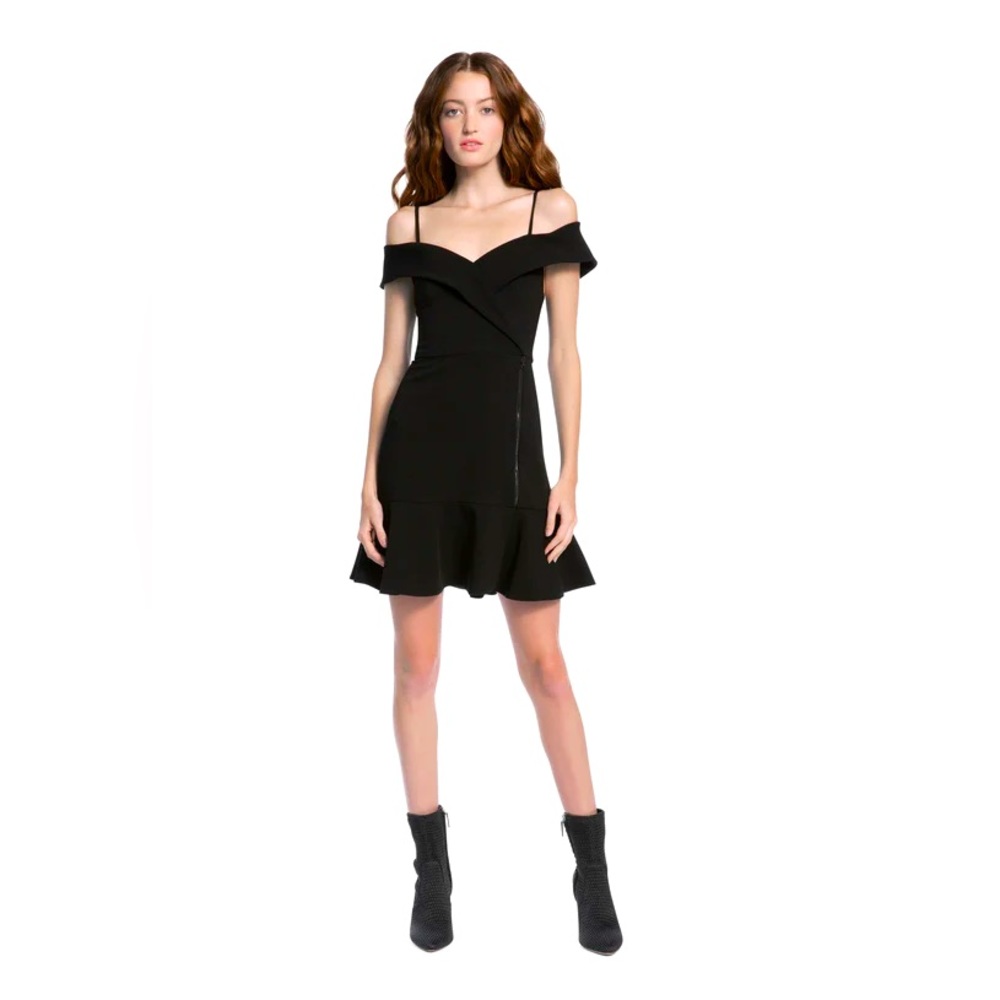 Alice & Olivia Dash Cold-Shoulder Faux-Wrap Flounce Dress in Black
